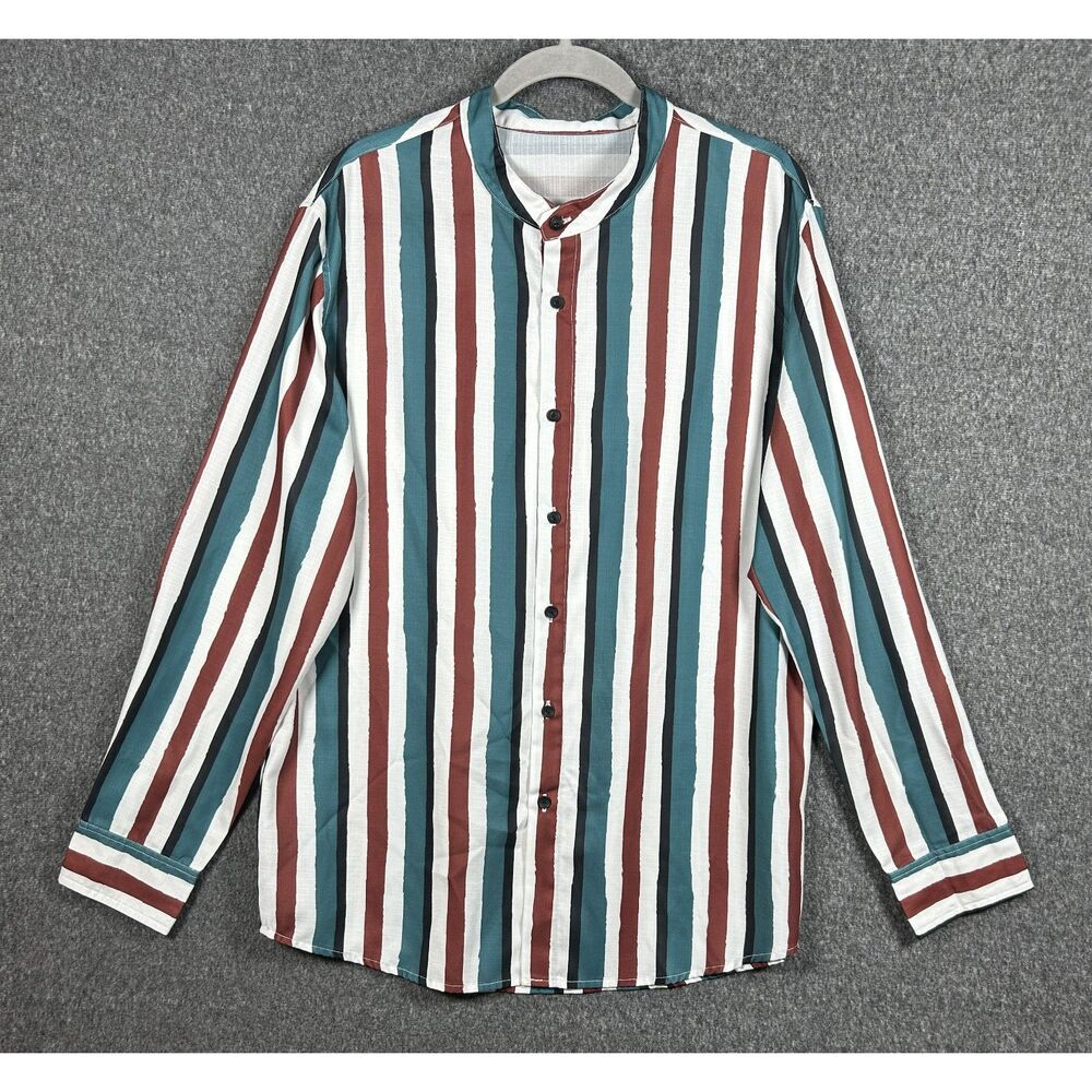Men’s Vertical Stripe Band Collar Long Sleeve Shirt Size M